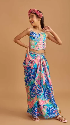 Online Multicolour Printed Lace Work Top With Cape And Dhoti Style Skirt Ethnic Wear | Dhotis & Patialas