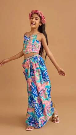 Online Multicolour Printed Lace Work Top With Cape And Dhoti Style Skirt Ethnic Wear | Dhotis & Patialas