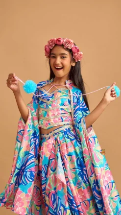 Online Multicolour Printed Lace Work Top With Cape And Dhoti Style Skirt Ethnic Wear | Dhotis & Patialas