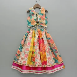 Discount Multicolour Printed Top And Layered Lehenga With Dupatta Ethnic Wear | Lehengas & Ghagras