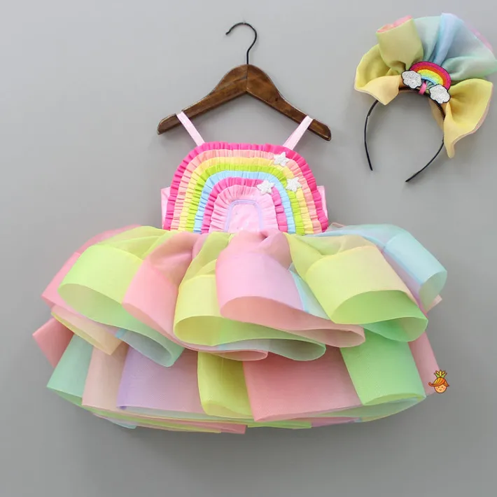 Best Multicolour Shaded Rainbow Theme Ruffled Dress With Hair Band Dresses & Sets | Dresses