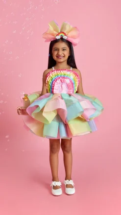 Best Multicolour Shaded Rainbow Theme Ruffled Dress With Hair Band Dresses & Sets | Dresses