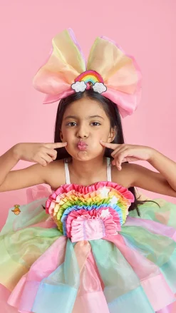 Best Multicolour Shaded Rainbow Theme Ruffled Dress With Hair Band Dresses & Sets | Dresses