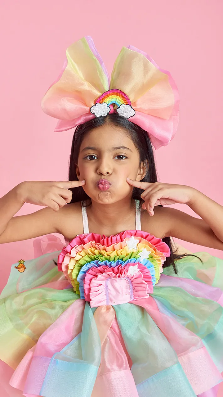 Best Multicolour Shaded Rainbow Theme Ruffled Dress With Hair Band Dresses & Sets | Dresses