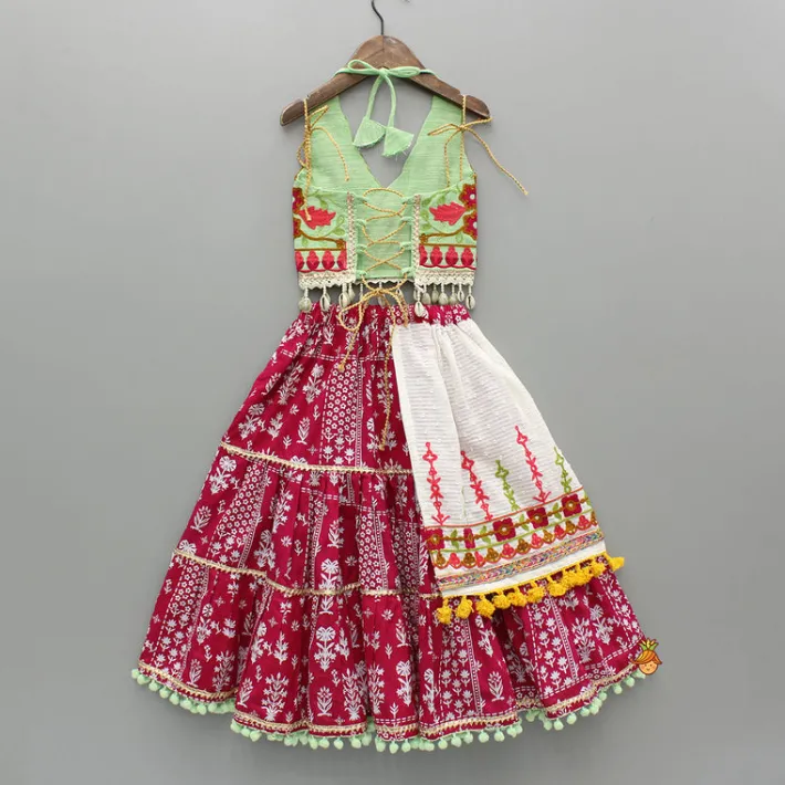 New Multicolour Thread Embroidered Top And Printed Lehenga Ethnic Wear | Lehengas & Ghagras