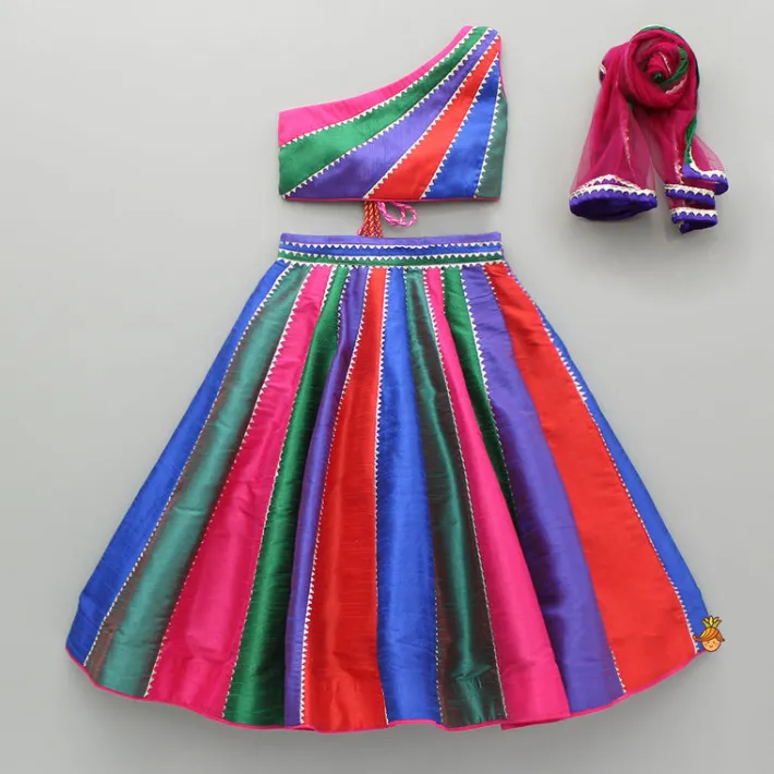 Fashion Multicoloured Colour Blocked Top With Lehenga And Dupatta Ethnic Wear | Lehengas & Ghagras