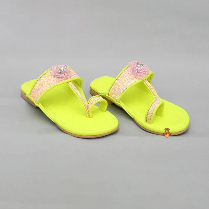 Hot Multicoloured Hand Embroidered Flower Strap Green Kolhapuri Flats Shoes