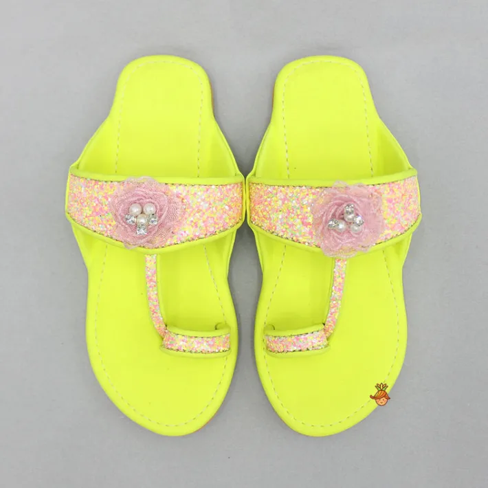 Hot Multicoloured Hand Embroidered Flower Strap Green Kolhapuri Flats Shoes