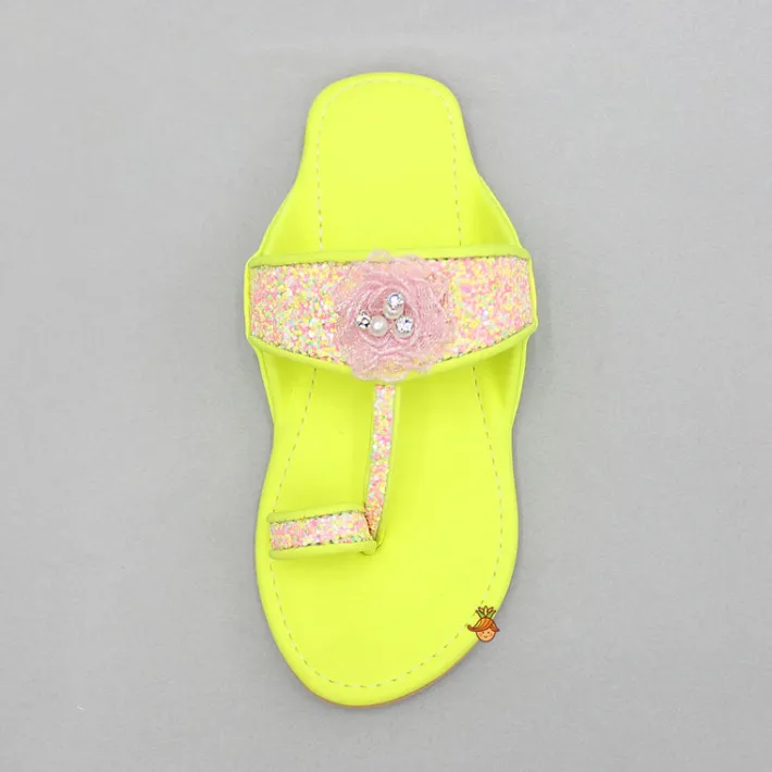 Hot Multicoloured Hand Embroidered Flower Strap Green Kolhapuri Flats Shoes