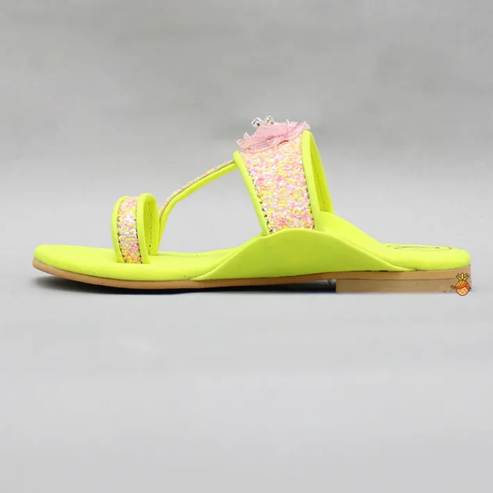 Hot Multicoloured Hand Embroidered Flower Strap Green Kolhapuri Flats Shoes