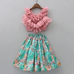 Discount Multiple Ruffled Layered Pink Top With Printed Lehenga Ethnic Wear | Lehengas & Ghagras