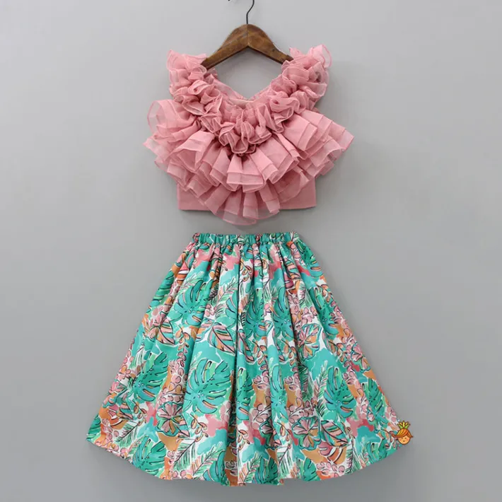 Discount Multiple Ruffled Layered Pink Top With Printed Lehenga Ethnic Wear | Lehengas & Ghagras