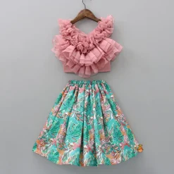 Discount Multiple Ruffled Layered Pink Top With Printed Lehenga Ethnic Wear | Lehengas & Ghagras