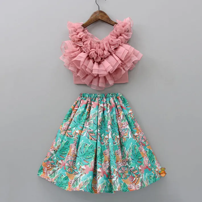 Discount Multiple Ruffled Layered Pink Top With Printed Lehenga Ethnic Wear | Lehengas & Ghagras