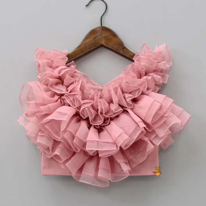 Discount Multiple Ruffled Layered Pink Top With Printed Lehenga Ethnic Wear | Lehengas & Ghagras