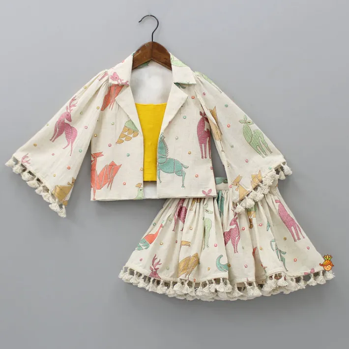 New Mustard Crop Top With Notch Collar Jacket And Skirt Dresses & Sets | Sets