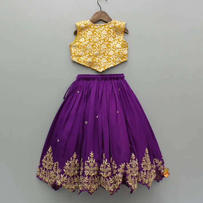 Hot Mustard Embellished Top With Purple Embroidered Lehenga And Dupatta Ethnic Wear | Lehengas & Ghagras