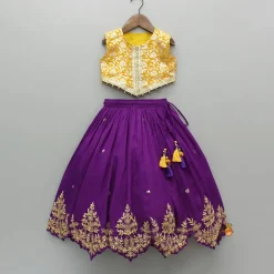 Hot Mustard Embellished Top With Purple Embroidered Lehenga And Dupatta Ethnic Wear | Lehengas & Ghagras
