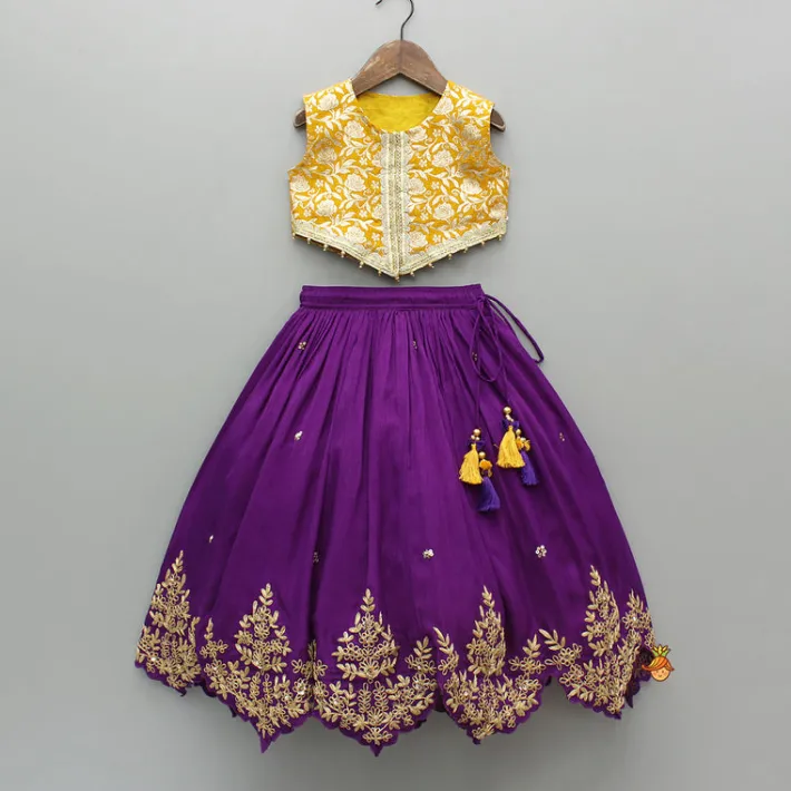 Hot Mustard Embellished Top With Purple Embroidered Lehenga And Dupatta Ethnic Wear | Lehengas & Ghagras