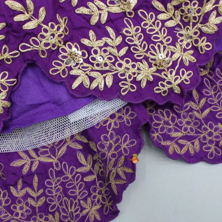 Hot Mustard Embellished Top With Purple Embroidered Lehenga And Dupatta Ethnic Wear | Lehengas & Ghagras