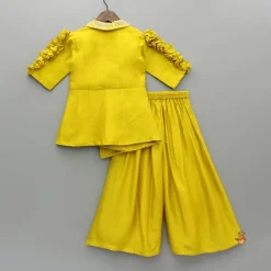 Hot Mustard Embroidered Jacket Style Top And Pleated Palazzo Ethnic Wear | Palazzos & Shararas