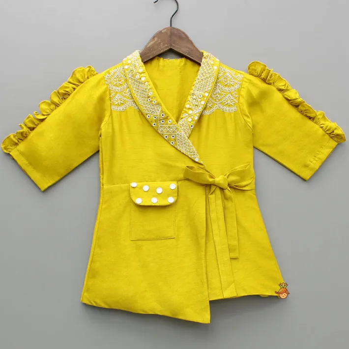 Hot Mustard Embroidered Jacket Style Top And Pleated Palazzo Ethnic Wear | Palazzos & Shararas