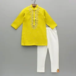 Outlet Mustard Embroidered Kurta and Churidar BOY Twinning Sets | Indian Ethnic Wear