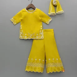 Hot Mustard Embroidered Kurti And Palazzo With Dupatta Ethnic Wear | Palazzos & Shararas
