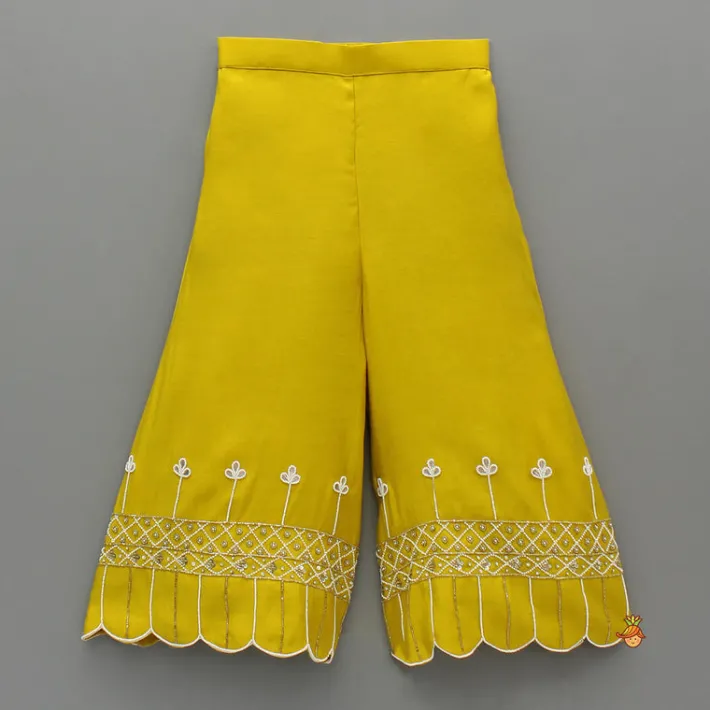 Hot Mustard Embroidered Kurti And Palazzo With Dupatta Ethnic Wear | Palazzos & Shararas