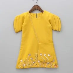 Online Mustard Floral Embroidered Stylish Layered Sleeves Dress With Sling Bag Dresses & Sets | Dresses