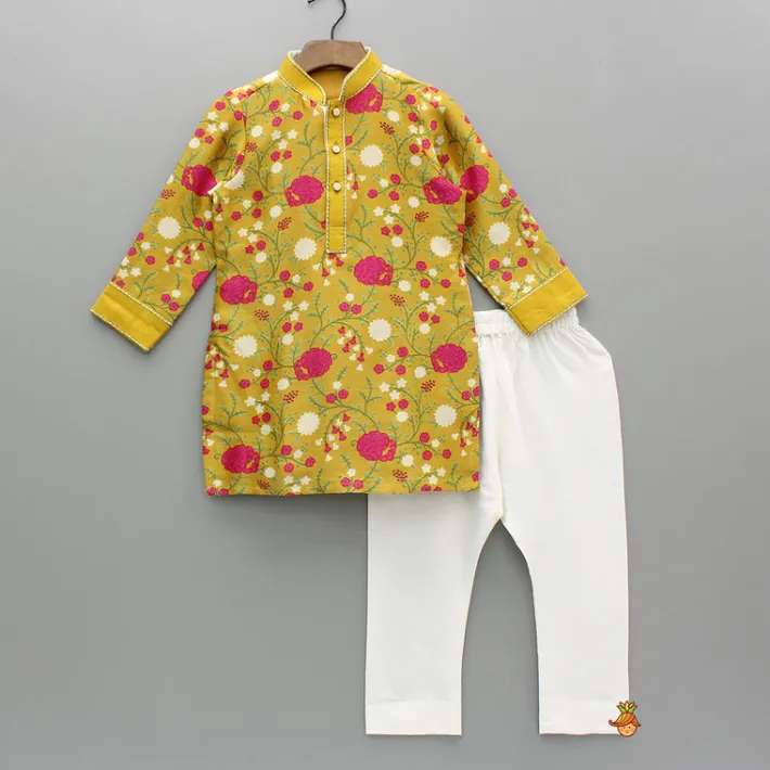 Online Mustard Floral Printed Kurta With Pyjama BOY Indian Ethnic Wear | Ethnic Sets