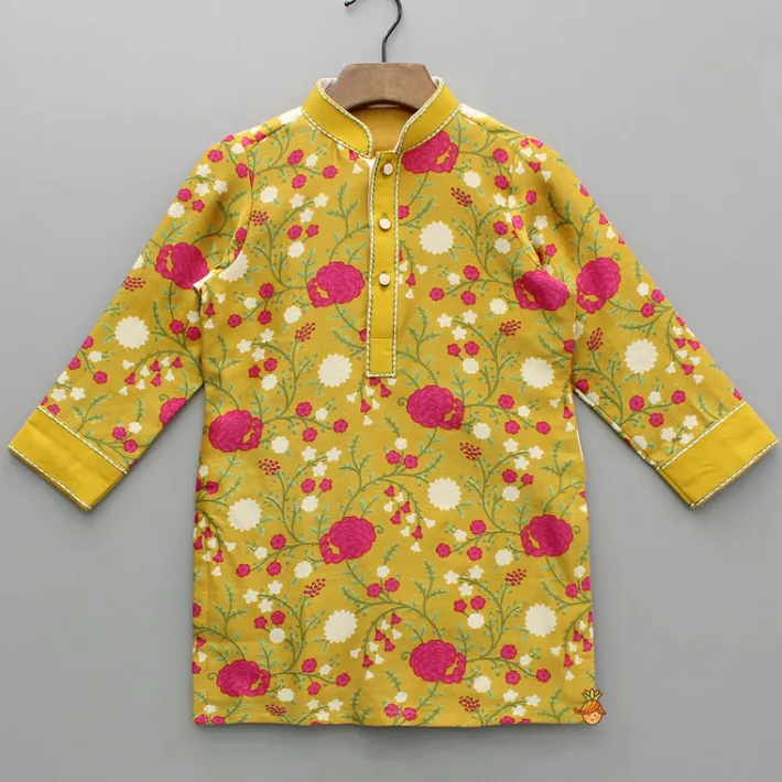 Online Mustard Floral Printed Kurta With Pyjama BOY Indian Ethnic Wear | Ethnic Sets