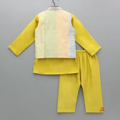 Fashion Mustard Kurta And Multicolour Printed Jacket With Pyjama BOY Twinning Sets | Indian Ethnic Wear