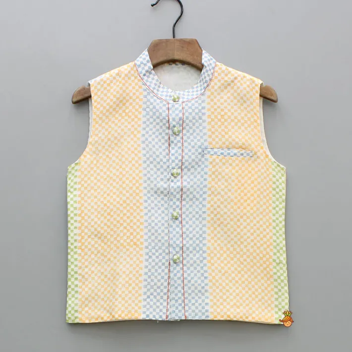 Fashion Mustard Kurta And Multicolour Printed Jacket With Pyjama BOY Twinning Sets | Indian Ethnic Wear