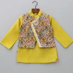 New Mustard Kurta With Printed Flap Attached And Dhoti BOY Indian Ethnic Wear | Ethnic Sets