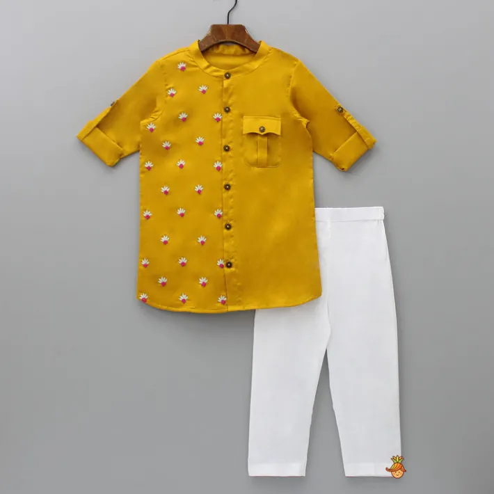 Online Mustard One Side Embroidered Kurta With Pyjama BOY Indian Ethnic Wear | Ethnic Sets