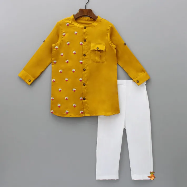 Online Mustard One Side Embroidered Kurta With Pyjama BOY Indian Ethnic Wear | Ethnic Sets