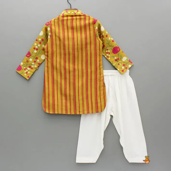 Sale Mustard Striped Floral Chanderi Kurta And Off White Salwar BOY Indian Ethnic Wear | Ethnic Sets