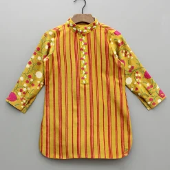 Sale Mustard Striped Floral Chanderi Kurta And Off White Salwar BOY Indian Ethnic Wear | Ethnic Sets