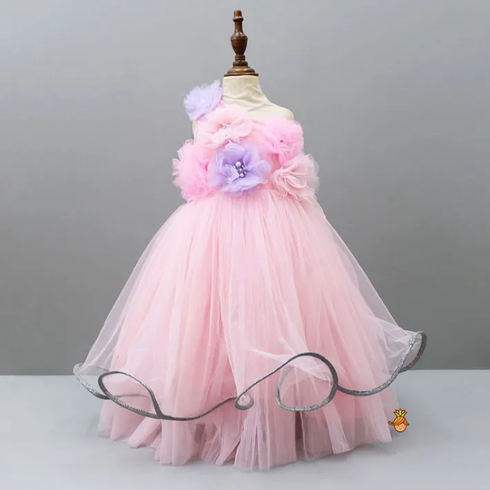 Fashion Net Flowers Embellished One Shoulder Gown Dresses & Sets | Gowns