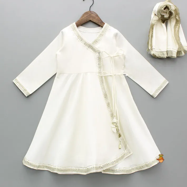 Hot Off White Angarkha Style Lace Detailed Anarkali With Dupatta Twinning Sets | Ethnic Wear