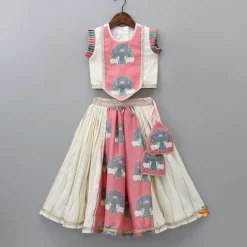 New Off White Cow Printed Top And Lehenga With Net Dupatta And Mukut Ethnic Wear | Lehengas & Ghagras