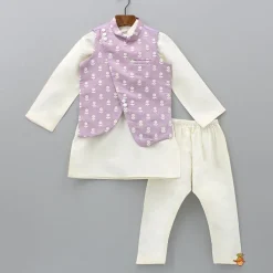 New Off White Ethnic Kurta With Lilac Floral Embroidered Asymmetric Jacket And Pyjama BOY Indian Ethnic Wear | Ethnic Sets