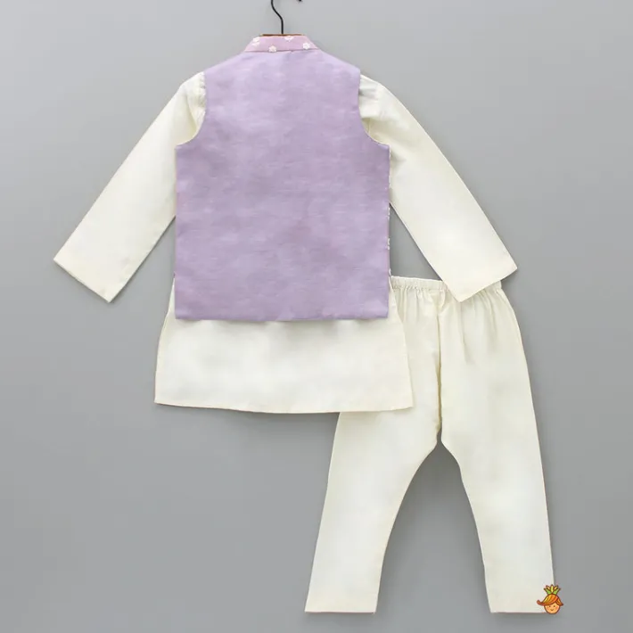 New Off White Ethnic Kurta With Lilac Floral Embroidered Asymmetric Jacket And Pyjama BOY Indian Ethnic Wear | Ethnic Sets