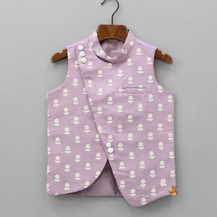New Off White Ethnic Kurta With Lilac Floral Embroidered Asymmetric Jacket And Pyjama BOY Indian Ethnic Wear | Ethnic Sets