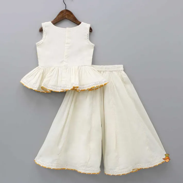 Fashion Off White Faux Mirror Work Top And Flared Palazzo Twinning Sets | Ethnic Wear