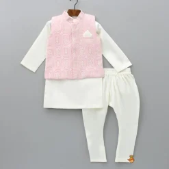 Hot Off White Kurta And Churidar With Pink Chikankari Embroidered Jacket BOY Indian Ethnic Wear | Ethnic Sets
