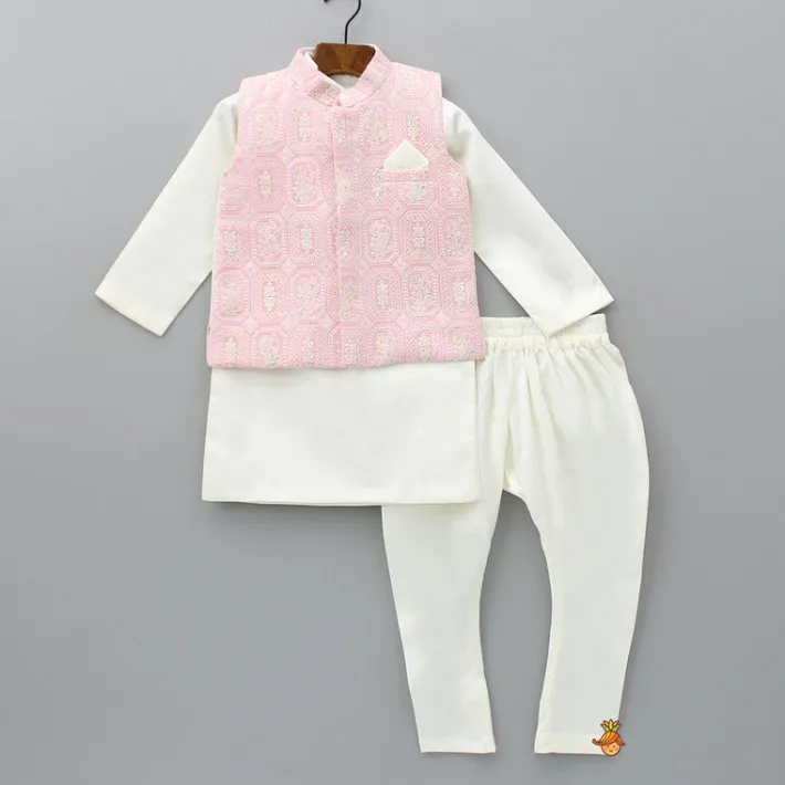 Hot Off White Kurta And Churidar With Pink Chikankari Embroidered Jacket BOY Indian Ethnic Wear | Ethnic Sets