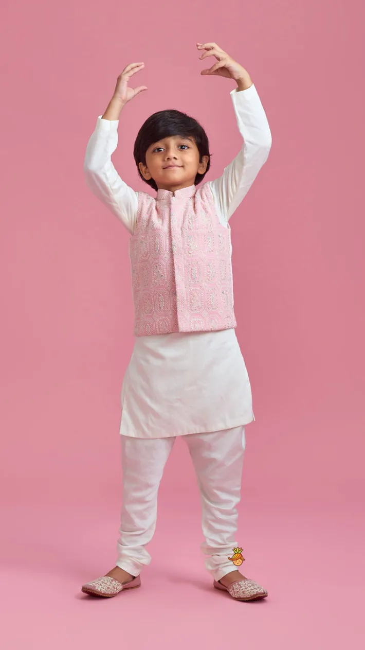 Hot Off White Kurta And Churidar With Pink Chikankari Embroidered Jacket BOY Indian Ethnic Wear | Ethnic Sets