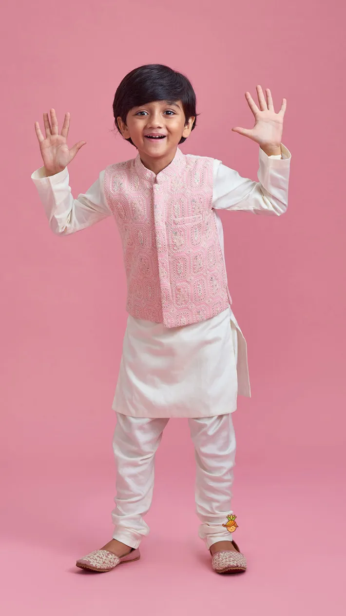 Hot Off White Kurta And Churidar With Pink Chikankari Embroidered Jacket BOY Indian Ethnic Wear | Ethnic Sets